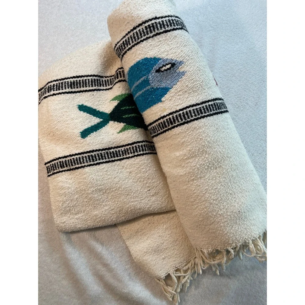 Vintage Mexican/Native Wool Fish Rug Wall /Hanging Folk Coastal Tapestry 80x42
